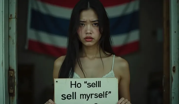 1 thai woman ,Black hair,Brown eyes, wearing white underwear, Jeans skirt,   long boots  ,   suffering faces  ,   crying  , holding a sign that says sell  ,(  best quality ,4K,8k,height,  Masterpiece:1.2),ultra-detailed,(   sexy lingerie and stockings . ,p...