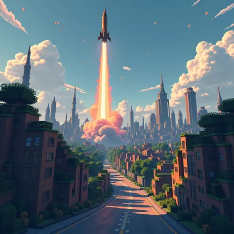 Images of games,  Minecraft graphic, Pixel. A missile in the sky,  flying over a city .  Movie scene