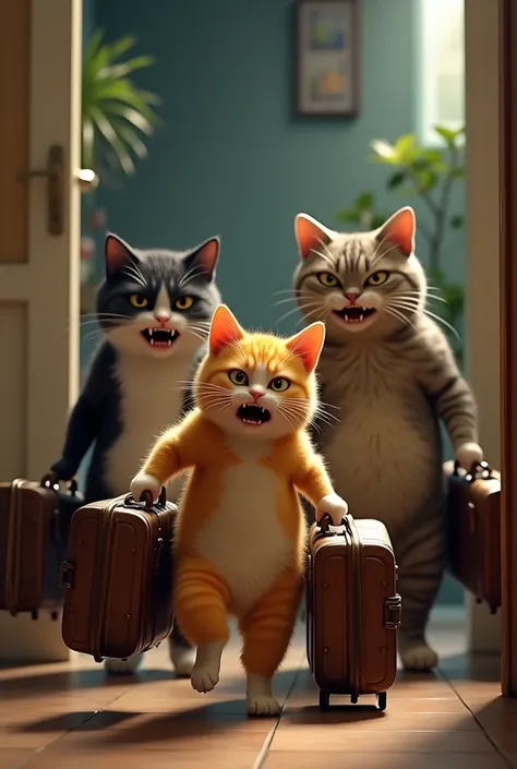 3 angry cats leaving home with their suitcases,  one black and white, one yellow, small and one fat tabby.