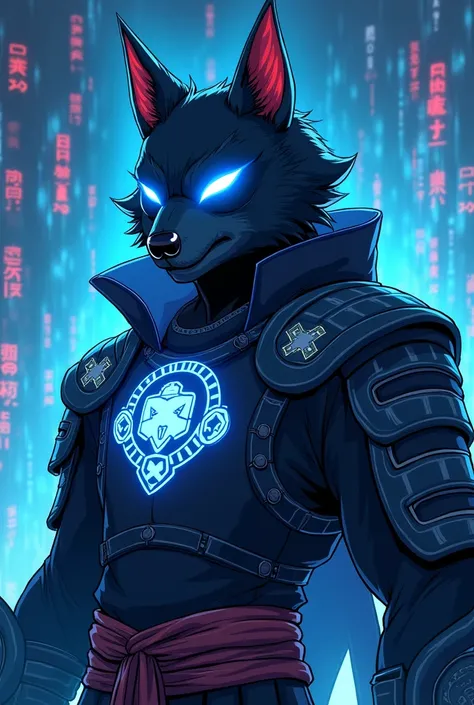 A warrior, a cybersamurai based on project Yasuo from League of legends, with K9 dog head with gloving blue eyes fighting against falling prices of the chart as a finall boss. The warrior named KONAN which is on its chest. Background is like blockchains of...