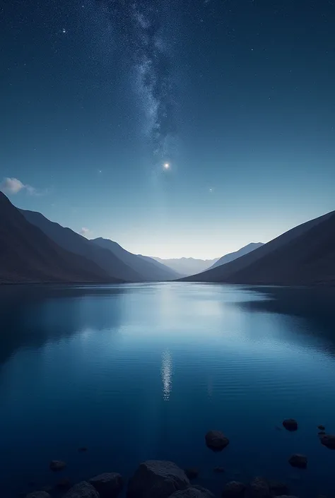 Lagoon in the Altiplano of the Andes that is located between hills that reflect the stars at night