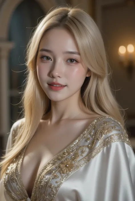 (RAW photo) , 1girl, cute, 20 years old, long blonde hair , smiling, look at viewer, ((((silver and gold lined satin cape tied at the neck)))+++, side spilt skirt , photo, realistic, best quality, hires, detailed face, detailed background, diffused lightin...