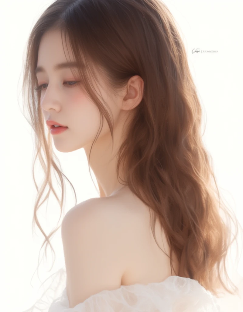 A delicate and elegant illustration of a young East Asian woman depicted in profile, with long, flowing hair cascading gently over her shoulder. Her hair features soft, natural waves, subtly catching the light to reveal fine highlights and a graceful textu...