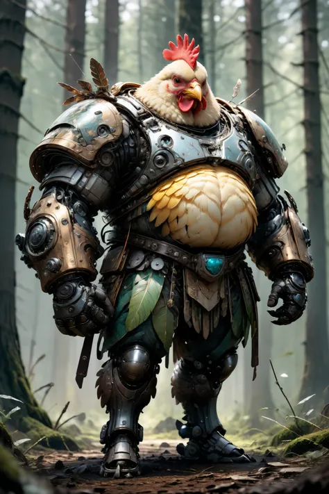 photorealistic portrait of Dressed animals - a ((fat)) chicken warrior,(brave pose), high quality,(art by Carne Griffiths) ,intricate detailed giant mechanical arms, highly detailed ((mechanical armor) ,,highly detailed armor, forest background , (brave), ...