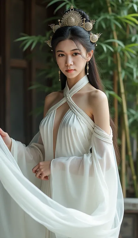 Chinese princess, a woman with long straight hair, big breasts, wearing a white Chinese dress with a luxurious, smooth, long shoulder cover, a lot of peacock metal hair accessories, high hair boxing in a Chinese house, with a bamboo plant, looking at the c...