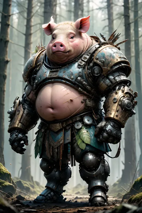 photorealistic portrait of Dressed animals - a ((fat)) pig warrior,(brave pose), high quality,(art by Carne Griffiths) ,intricate detailed giant mechanical arms, highly detailed ((mechanical armor) ,,highly detailed armor, forest background , (brave), natu...