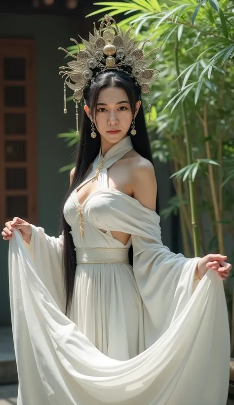 Chinese princess, a woman with long straight hair, big breasts, wearing a white Chinese dress with a luxurious, smooth, long shoulder cover, a lot of peacock metal hair accessories, high hair boxing in a Chinese house, with a bamboo plant, looking at the c...