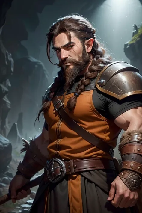 A handsome village man with a laughing expressing, happy, ((best quality))) (((HD))) (((8k))) (character) 30-year-old man, ((adventurous)), hazel eyes, ((dwarf)), ((long pointy ears)), (((dark brown hair)) and ((very long hair:1.2)) and ((braided hair:1.2)...