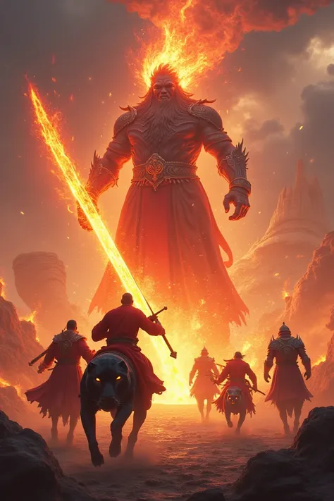 "A dynamic fantasy battle scene featuring the heroic monk team known as the เณรปราบมาร. The setting is a shattered dimension with glowing cracks in the sky and fiery energy spilling through. In the foreground, ศักรินทร์ wields the colossal Lava Flame Sword...