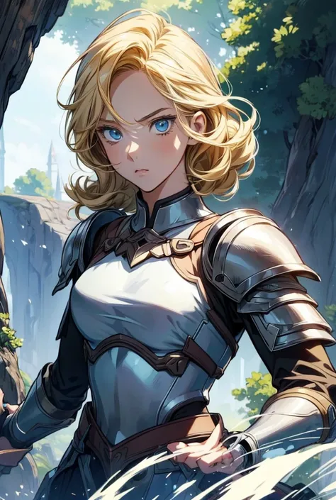   1 girl, Alone,  Petite、 shortcuts,   small breasts、  blue eyes, Green, character portrait,   character design 　Picture wearing armor ,  Anime Style, knight、flabby body 、blonde, Natural Curl, 