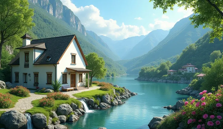 small  White Villa,valley, sun, small waterfall, fully furnished, house, facing river, colorful flower garden, lake, forest, colorful flower garden, grass, wide view, beautiful design, Highly detailed features, insanely ultra realistic, insanely photo real...