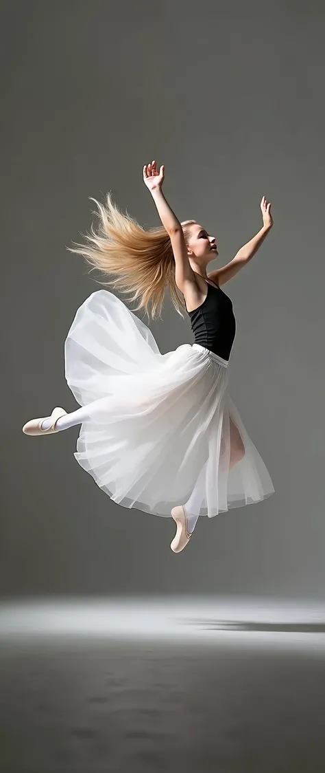  In the professional realistic photography style a young girl wearing a long white skirt and a short black top with long blond hair is jumping into the air like a ballerina, The background is gray the floor is white her long hair flies in the air ,  the im...