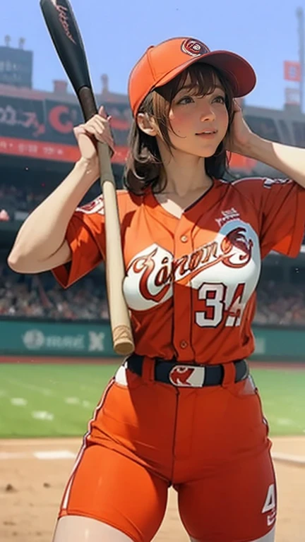 A very beautiful woman wearing a Hiroshima Carp uniform,Hitting at Giants Stadium、 bat