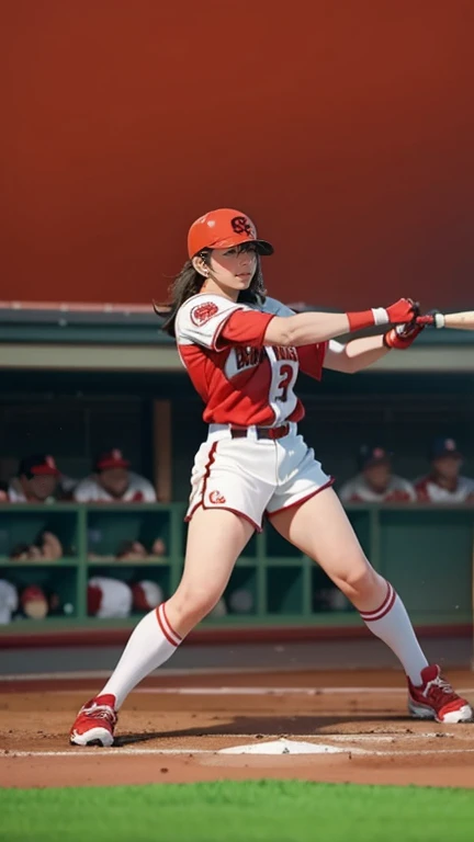 A very beautiful woman wearing a Hiroshima Carp uniform,Hitting at Giants Stadium、 bat