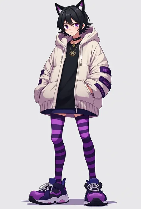  man anime with purple off-white hoodie black cool swag drip shirt and Purple Striped Thigh High Stocking Socks and Black Cat Ears and tin pot