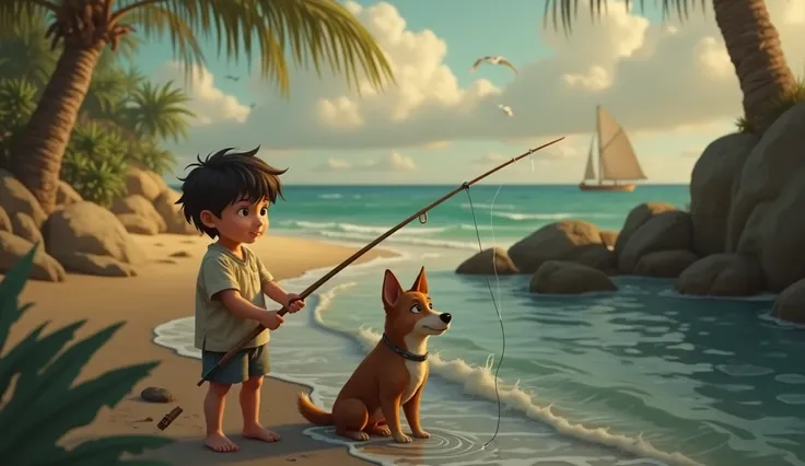 There is a small boy standing on the seashore, and a small dog standing near him. The boy is holding a stick to fish out of the sea.