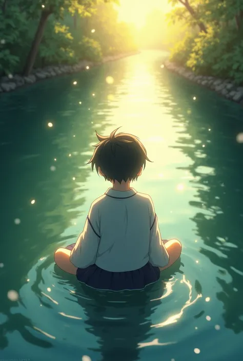 1boy, sitting, pond scenery, light beam, particles, , dramatic lighting, wet, dappled sunlight, smile, eyes closed, from above, serafuku