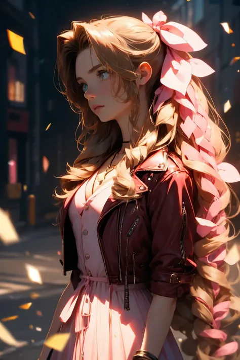  aerith gainsborough, choker, cropped jacket, hair bow, bracelet, pink dress,
very long hair, hair ribbons, hair flowers,  8k, HDR, Highly detailed, high definition, Master piece, cinematic light, professional photo, perfect face, beauty face, beauty eyes,...