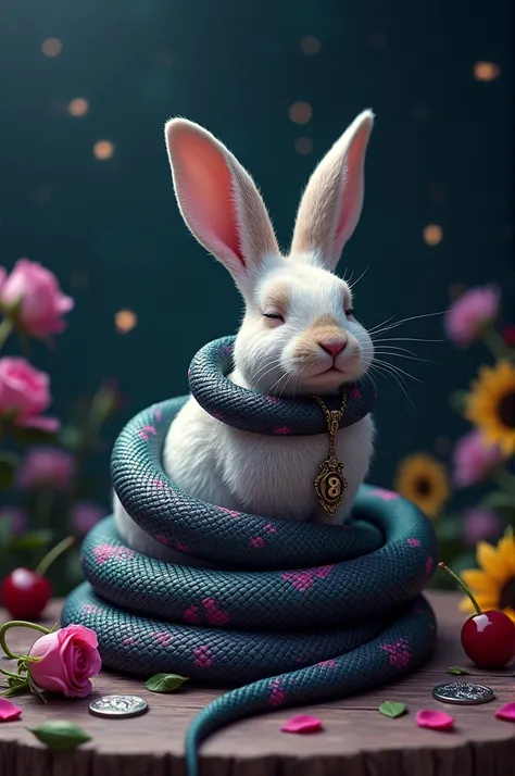 Vodoo stitched rabbit sitting on a flat wooden surface, with a black teal and purple snake coiled around the voodoo stitched rabbit, a bronze pendant with a number 8 on it hanging on a chain from the snakes mouth, black roses and sunflowers surrounding the...