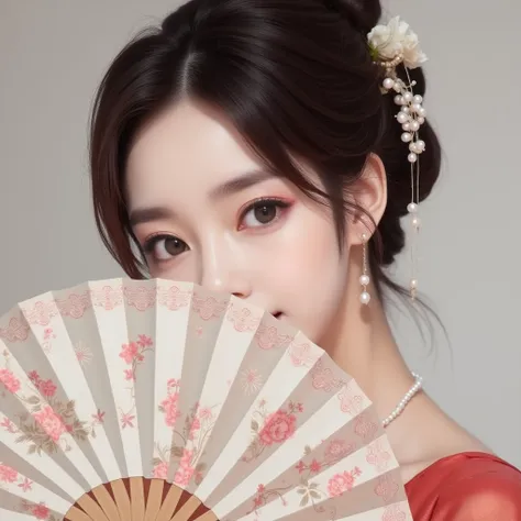 A highly detailed and elegant portrait of a young East Asian woman, holding a decorative fan partially covering her face, revealing only her captivating eyes and subtle smile. Her eyes are large and expressive, with delicate lashes and a hint of mystery. H...