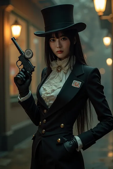 live-action、 Japanese woman with a viewing angle of、 dark-eyed and cold 、 straight, long black hair 、Slender body、 mischievous young woman 、 classic suit from the 19th century that fits、Show your whole body、 uses a 19th century pistol 、More callous and une...