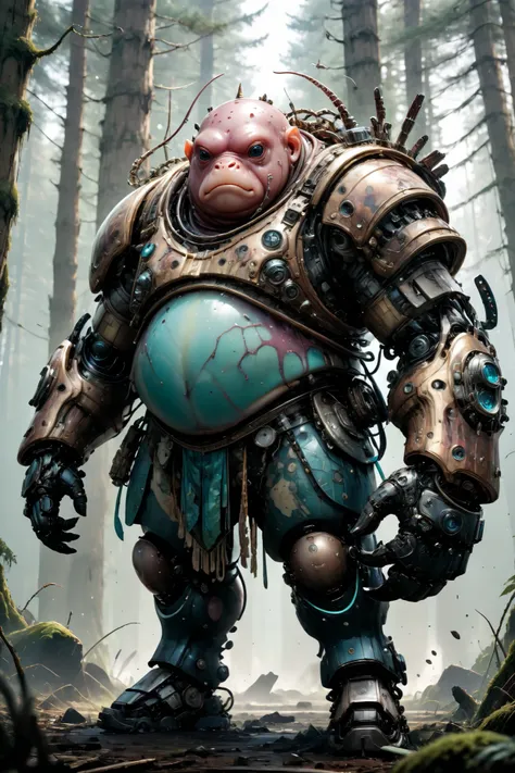 photorealistic portrait of Dressed animals - a ((fat)) squid warrior,(brave pose), high quality,(art by Carne Griffiths) ,intricate detailed giant mechanical arms, highly detailed ((mechanical armor) ,,highly detailed armor, forest background , (brave), na...