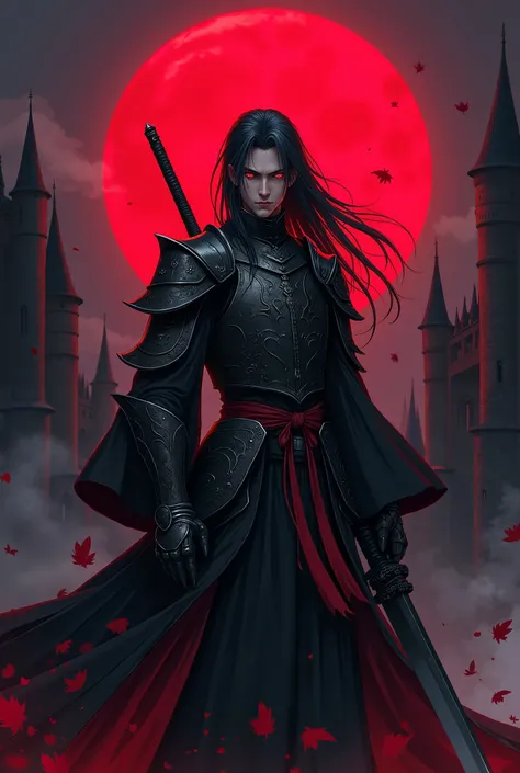 Anime style, full body, young adult man wearing enchanted black plate armor with black yukata underneath, long black hair, red eyes, vampire teeth, holding longsword in one hand, gothic castle background, blood moon