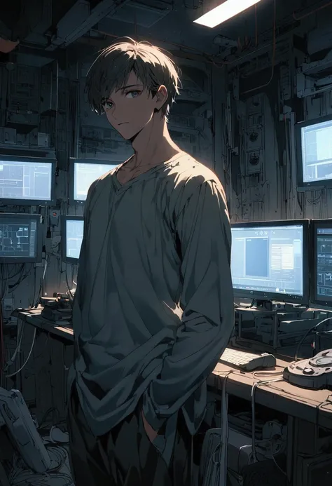 young man, 22 years old, tall, dark-skinned, with short hair and a thin beard, room with several monitors and electronic devices in the background