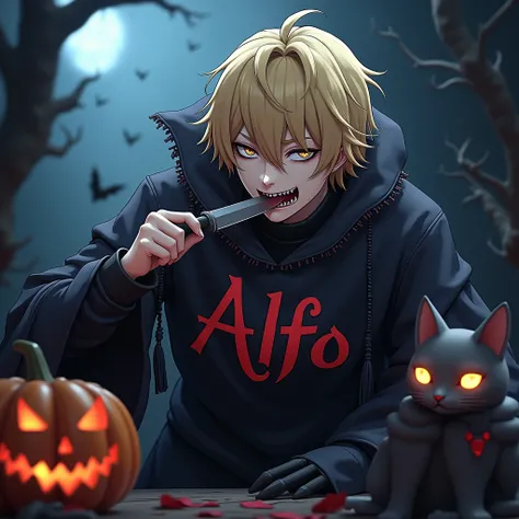 A 3d anime man, blonde hair, licking the knife, had a scary costume, cool background, had a cat with a costume, have a jack o lantern, with a name on his costume "Alfo" with a big font