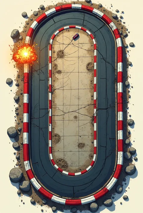 top view texture of a flattened race track with cracks, explosions and tire marks on it in illustration drawing style.