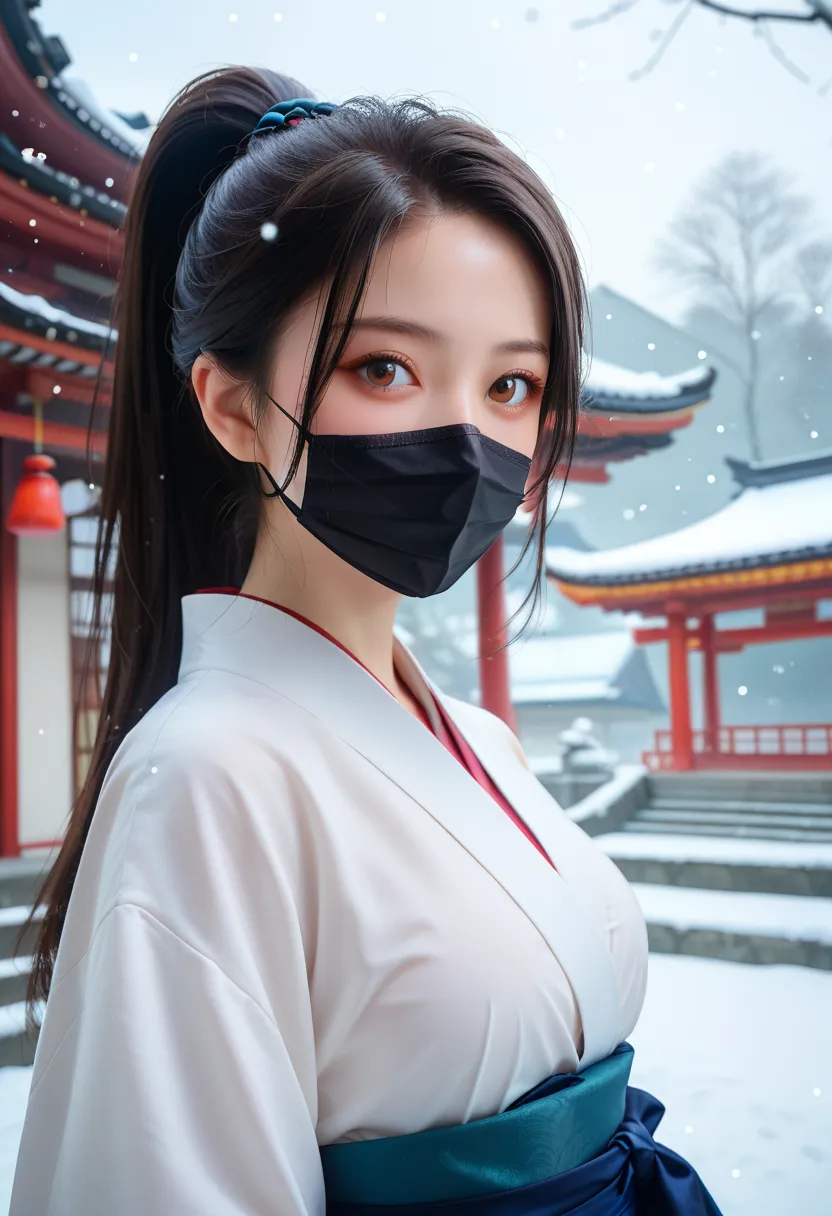 1girl,solo,black hair,snowing,looking at viewer,mask,ponytail,mouth mask,upper body,long hair,brown eyes,architecture,snow,breas...