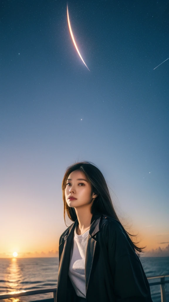 High image quality、 comet 、The most beautiful woman in the world、 cute、（ brown long hair:1.5）、Small face、evening、Sunset、You can see the ocean、 reality stick、（ black jacket :1.5）、 sad expression、 Sexy Poses 、 has nothing in her hands、	
thin eyebrows