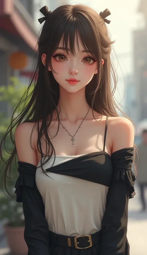 Soft, dreamy portrait of a young woman against a blurred urban backdrop, evoking a serene atmosphere. She wears a stylish, off-shoulder top with contrasting black long sleeves and a white bodice, accentuated by a delicate necklace. The muted pastel colors ...