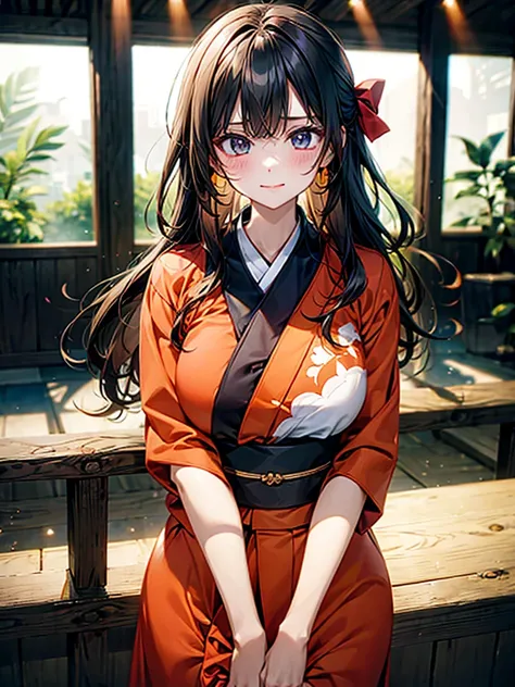 （（（完美shape，shape， orange kimono , heart， hakama skirt，work，flame pattern kimono ，（（（hyuuga workbi， long hair， hair bow ，Pale blue eyes））），S型shape:1.7））），((masterpiece)), high definition , ((Best quality at best))，masterpiece，quality，Best quality，（（（  exqui...