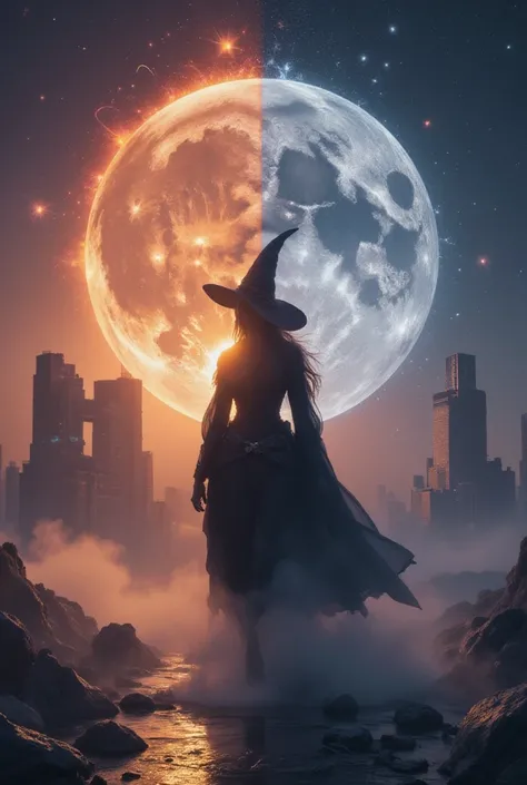 (Double Exposure:1.5)，Screen segmentation，in style of Thierry Mugler，Magic witch silhouette from nebula，fantasy,On one side is a grand and gorgeous sunrise and on the other side is a quiet and ethereal full moon，A hazy city，Halo，Japanese anime style，