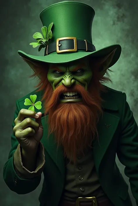 Angry green leprechaun with 3-leaf clover, With a grisly dark background 