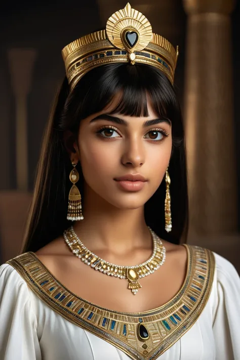  portrait in the foreground,  of high quality and hyperdetailed ,  of a young Egyptian princess from the 16th century , 19 years old. He has tanned skin,  dark brown eyes , thin eyebrows,  heart shaped face, with full cheeks ,  pointed chin and pointed nos...