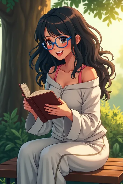 beautiful woman, sitting on bench under a tree reading a book, wearing loose off-shoulder top, pajama pants, waist long black curly hair, soft lighting, relaxed pose, intricate details, warm colors. wearing blue framed glasses, smiling brightly ear to ear ...