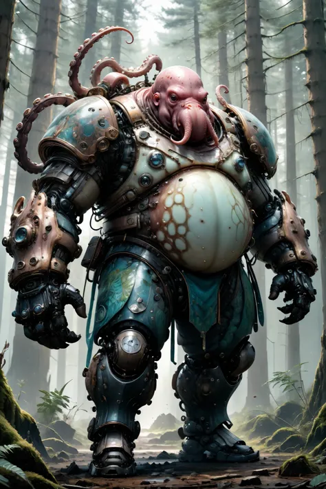 photorealistic portrait of Dressed animals - a ((fat)) octopus warrior,(brave pose), high quality,(art by Carne Griffiths) ,intricate detailed giant mechanical arms, highly detailed ((mechanical armor) ,,highly detailed armor, forest background , (brave), ...