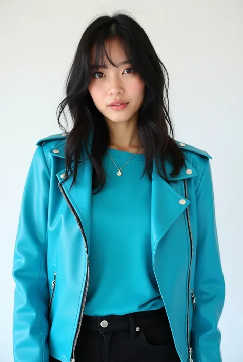 20 year old woman in black pants, cyan shirt, cyan leather jacket, chest length black hair, bright face, white background