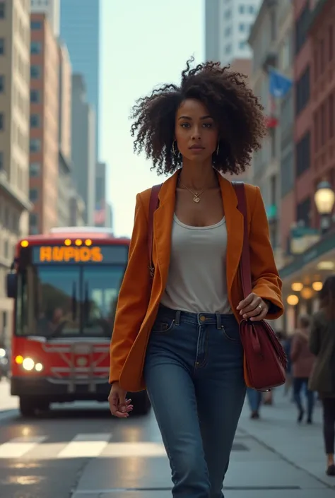 A curly-haired woman walking toward a bus 