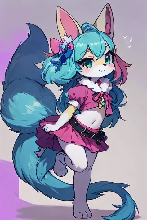 Female furry fusion sara rabbit rozita pink cat wild cat nice eyes cat and A cat with a tail resembling the crystal fox from Star Fox, fur like Primarina from Pokémon, and legs ending in paws similar to Lopunny  tiny toons adventure style 