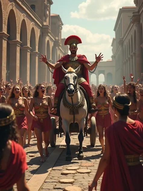 "Create a dramatic Roman street scene in broad daylight, with Ella Gabalus standing triumphantly on a chariot. He is surrounded by chained women, their expressions a mixture of humiliation and rage, as he whips them mercilessly. Crowds of shocked and horri...