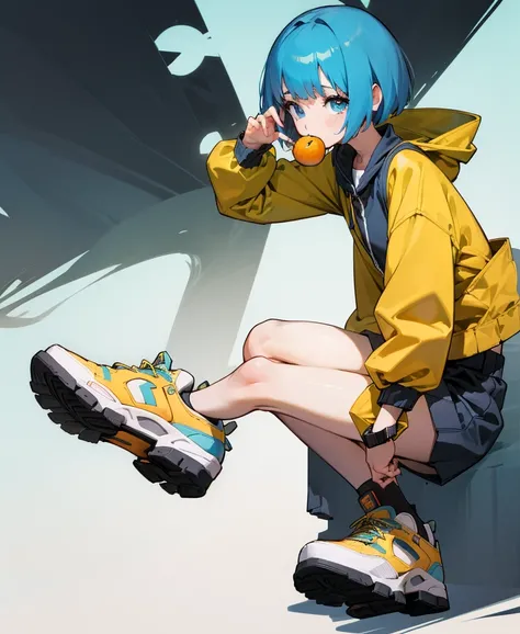 masterpiece,  one girl who is at ease,  blue bob cut,  windbreaker,  sneakers,  spats, stand, Eat an orange , flat_color