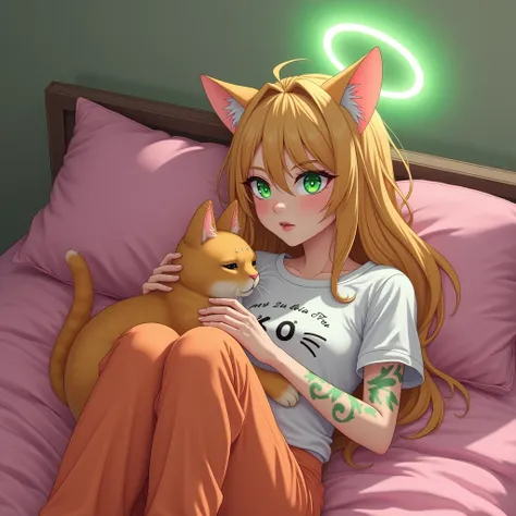 Beautiful cat girl, age 30, fit body type. Wearing a white kitty t shirt and orange pajama pants. Emo dirty blonde hair. Laying in bed. Petting a orange cat. Pink bed mattress. White girl. Realistic. Green eyes. Halo above head. Glowing green tattoos 