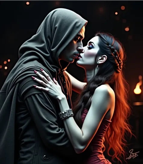 Goth brunette woman with a braid and long hair kissing a hooded carabera man with thunder and fire