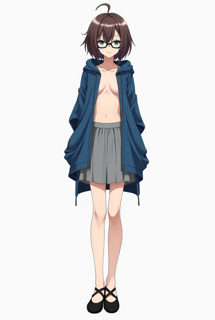  A boy of medium height and feminine build with broad shoulders, with short brown hair and blue eyes with glasses ,  in a blue naked hoodie , in a short gray knee-length skirt , in black ballet shoes with a barefoot strap without socks, Anime style,  Full ...