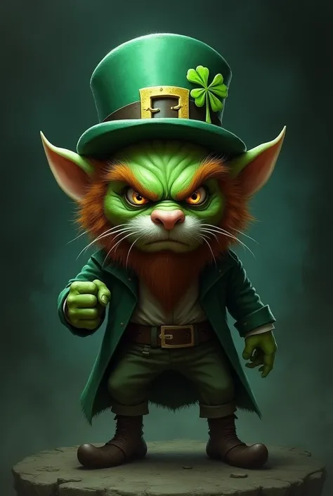 Angry green leprechaun ,  with headband over mouth with 3-leaf clover, With a grisly dark background 