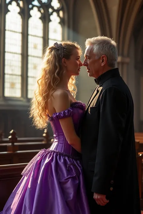  16-year-old woman , blonde , curly hair,  spectacular body , wearing purple Victorian Corset . light and half purple  ,  inside a Gothic church ,  the huge windows let in sunlight,  a 60-year-old priest looks at her with passion