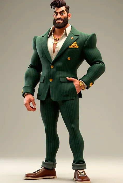 A bold and charismatic 3D-animated character with dark brown hair styled in a voluminous pompadour and a well-groomed dark beard. He wears a sleek dark green pinstripe suit with gold accents, including buttons and a pocket square, paired with flashy gold j...